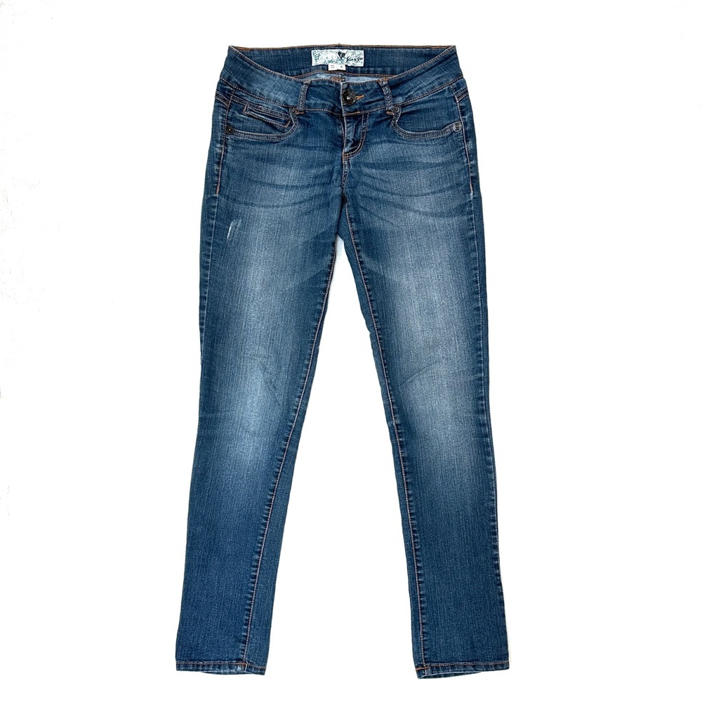 Faded Blue Skinny Jeans Embroidered Pockets Low Rise Stretch Denim Size 5 - Picture 2 of 6